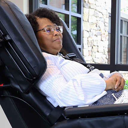 Patient in a Traversa wheelchair