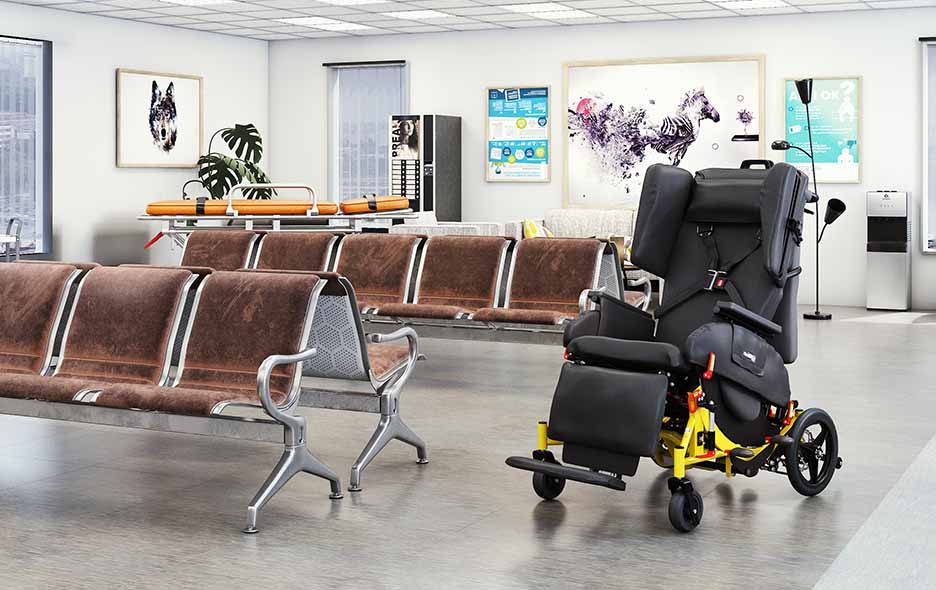 Transportation and mobility solutions in an empty hospital waiting room
